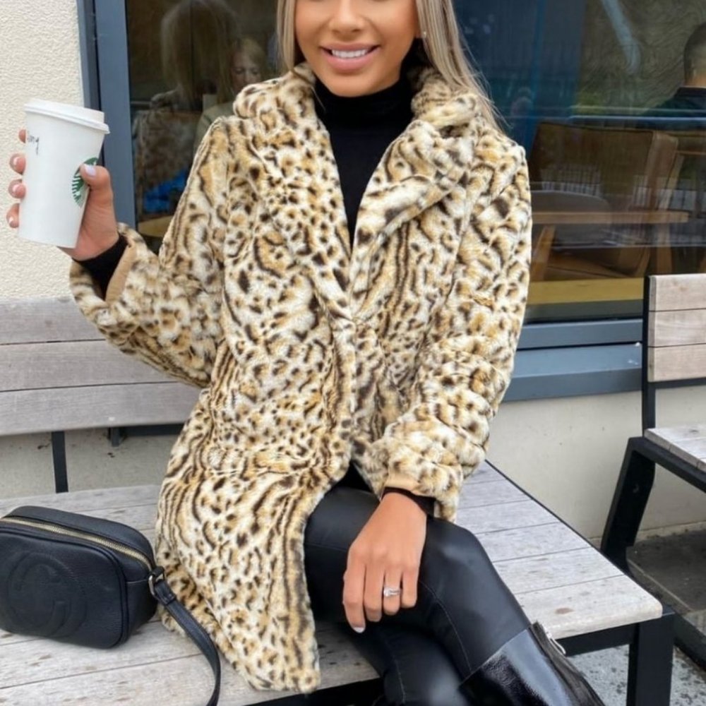1 DAY SALE! Leopard Print Long Sleeve Faux Fur Coat Jacket - Picture 6 of 9